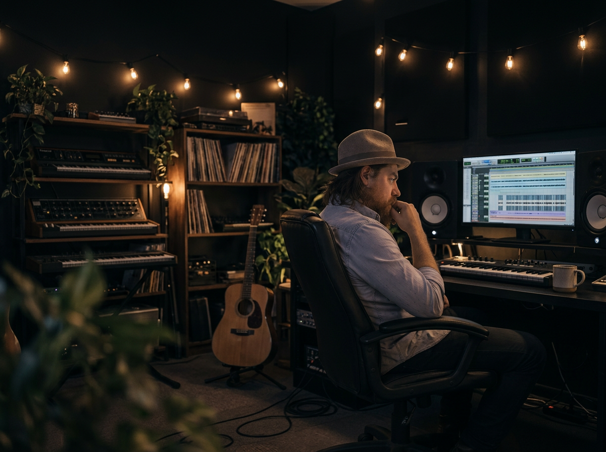 Kevin Rockhill reviewing music at his workstation